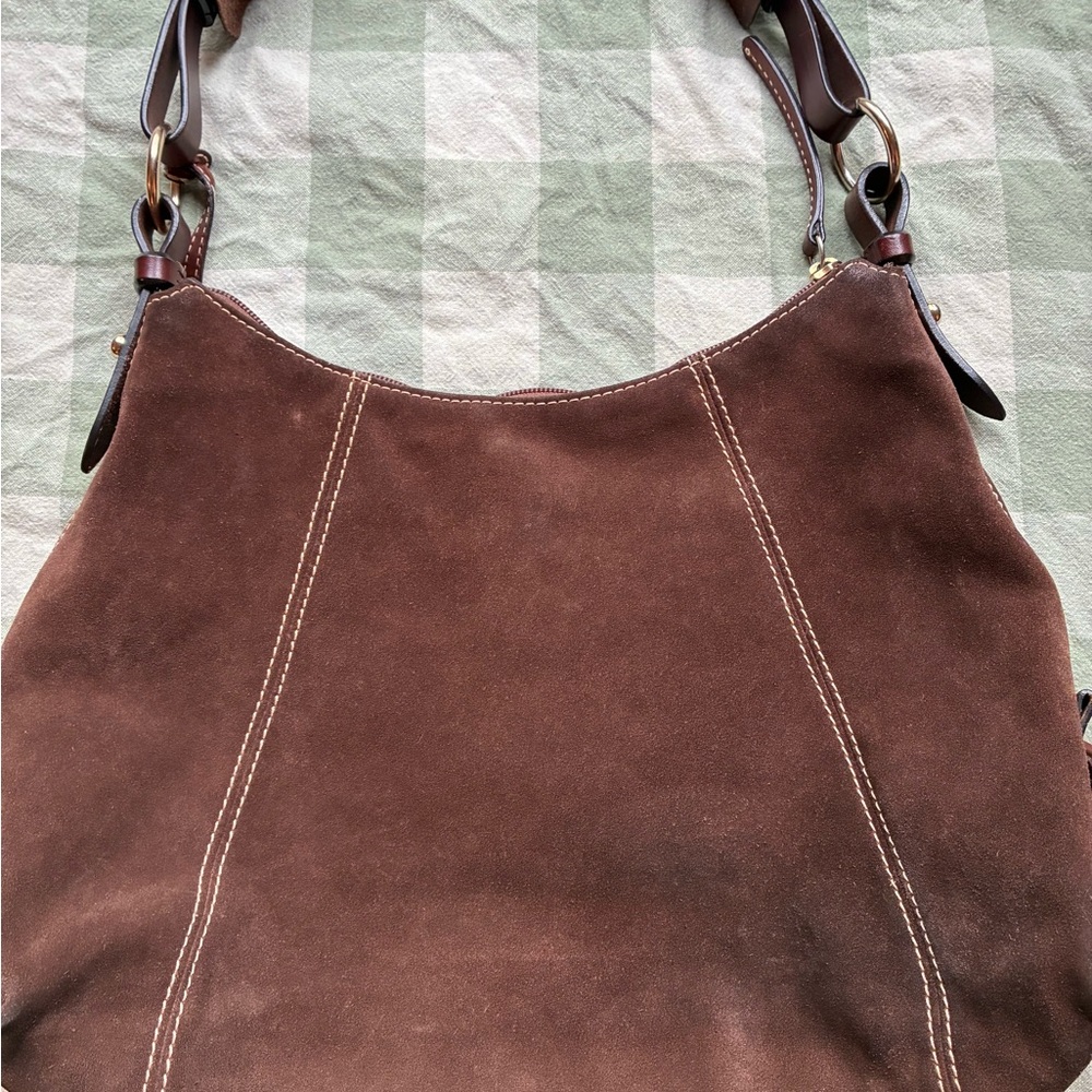 VTG Dooney & Bourke “East West” Brown Suede Shoulder Bag Hobo Medium Boho - Picture 6 of 13